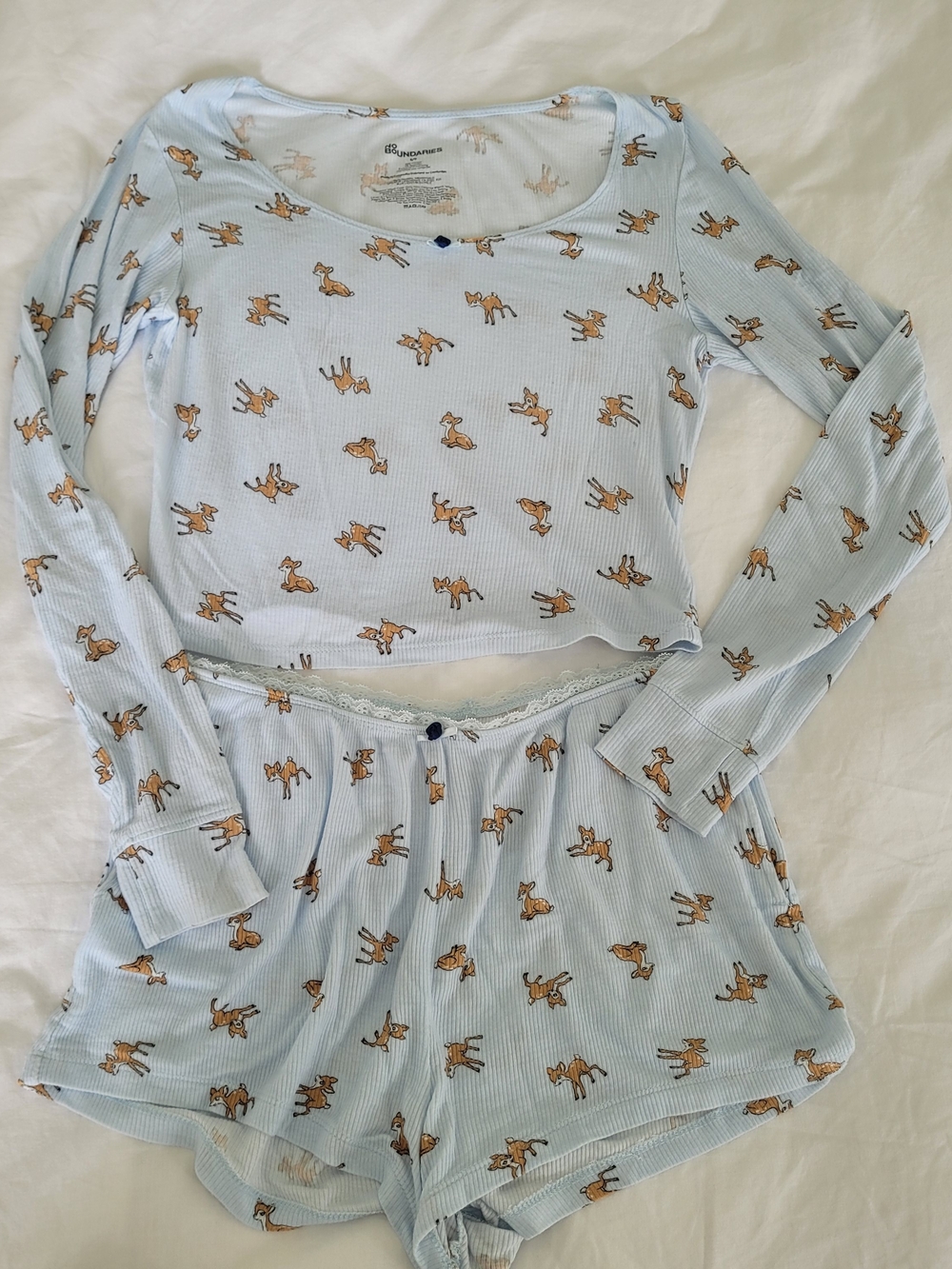 No Boundaries Light Blue Bambi Print Pajama Set - Long Sleeve Top & Shorts Small